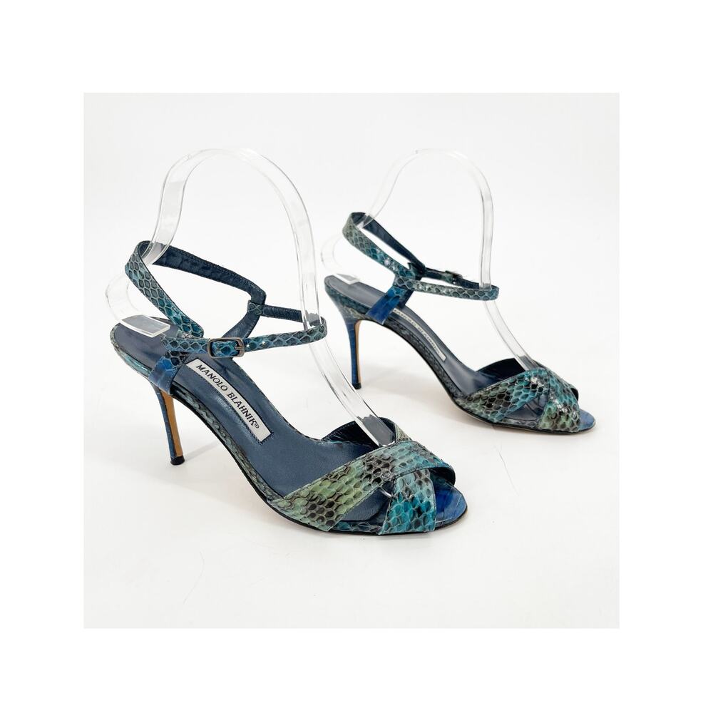 Manolo Blahnik Vintage Blue Green Snakeskin Ankle Strap Sandals Heels IT 36.5